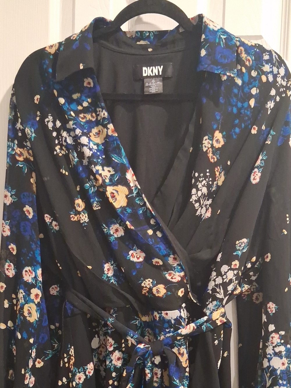 DKNY Black Floral Wrap Dress with Blue and Cream Blooms